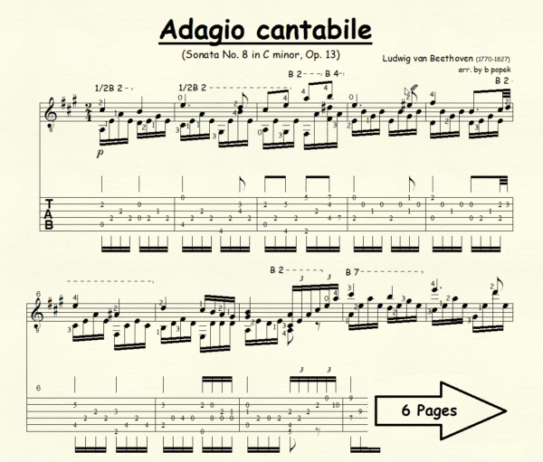 Adagio Cantabile Beethoven for Classical Guitar in Tablature