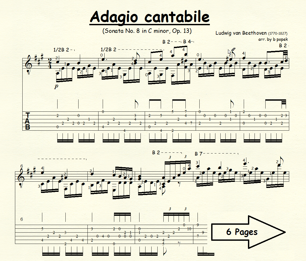 Adagio Cantabile (Beethoven) for Classical Guitar in Tablature