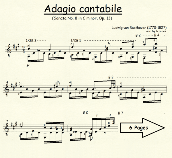 Adagio Cantabile Beethoven for Classical Guitar in Standard Notation