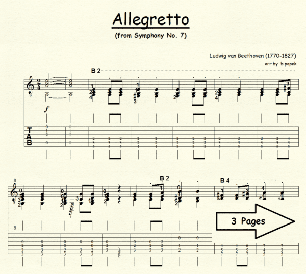 Allegretto Beethoven for Classical Guitar in Tablature