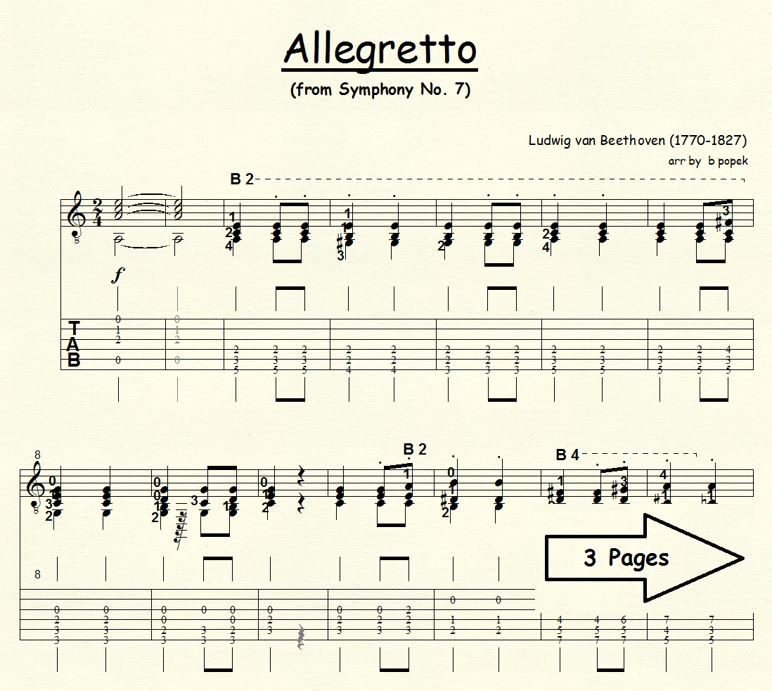 Allegretto (Beethoven) for Classical Guitar in Tablature