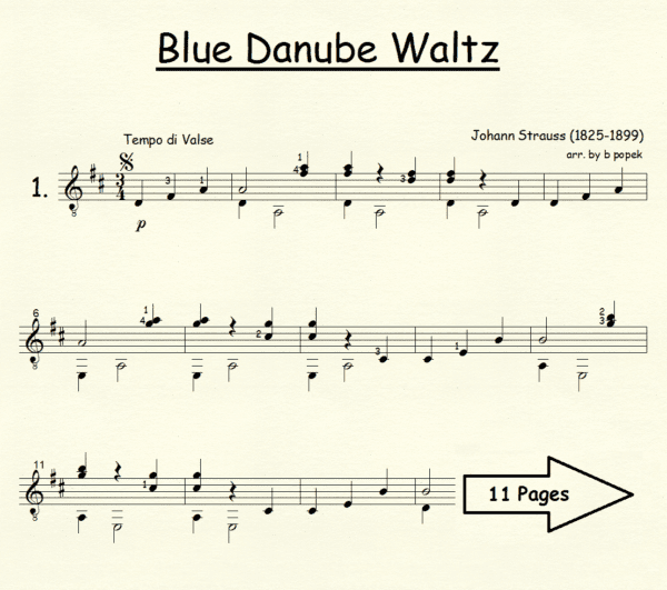 Blue Danube Waltz Strauss for Classical Guitar in Standard Notation