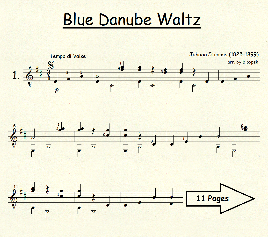 Blue Danube Waltz (Strauss) for Classical Guitar in Standard Notation