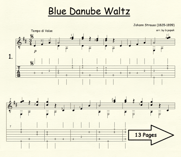 Blue Danube Waltz Strauss for Classical Guitar in Tablature