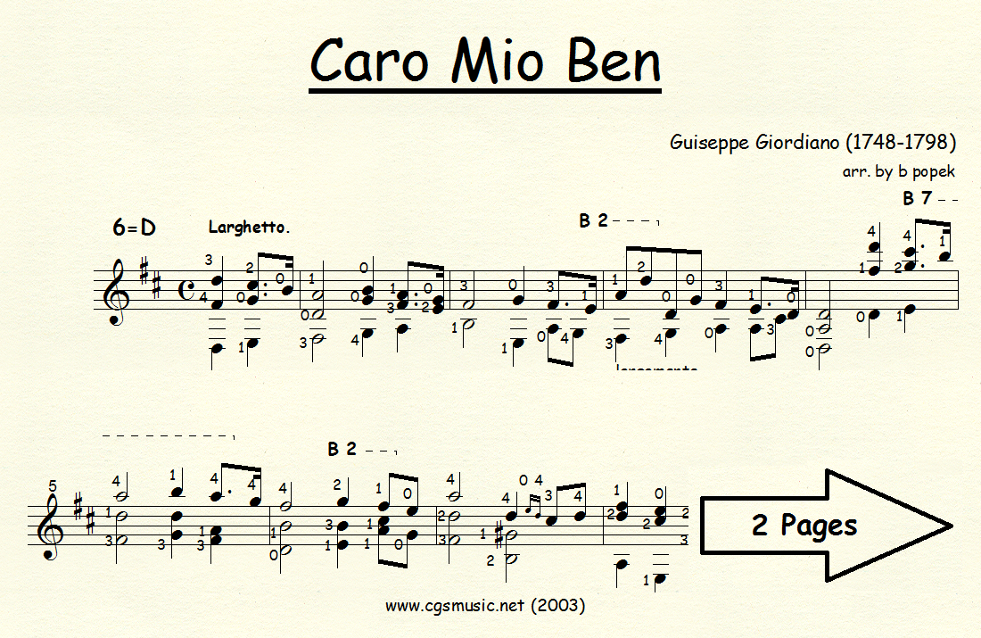 Cario Mio Ben (Giordiano) for Classical Guitar in Standard Notation