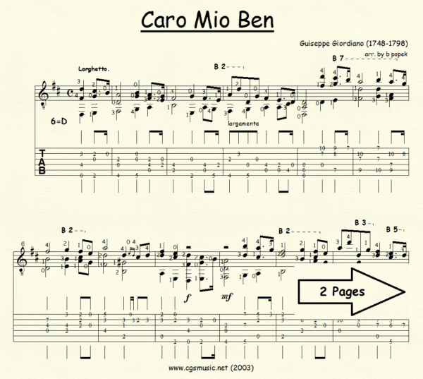 Cario Mio Ben Giordiano for Classical Guitar in Tablature