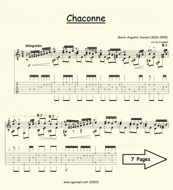 Chaconne Durand for Classical Guitar in Tablature
