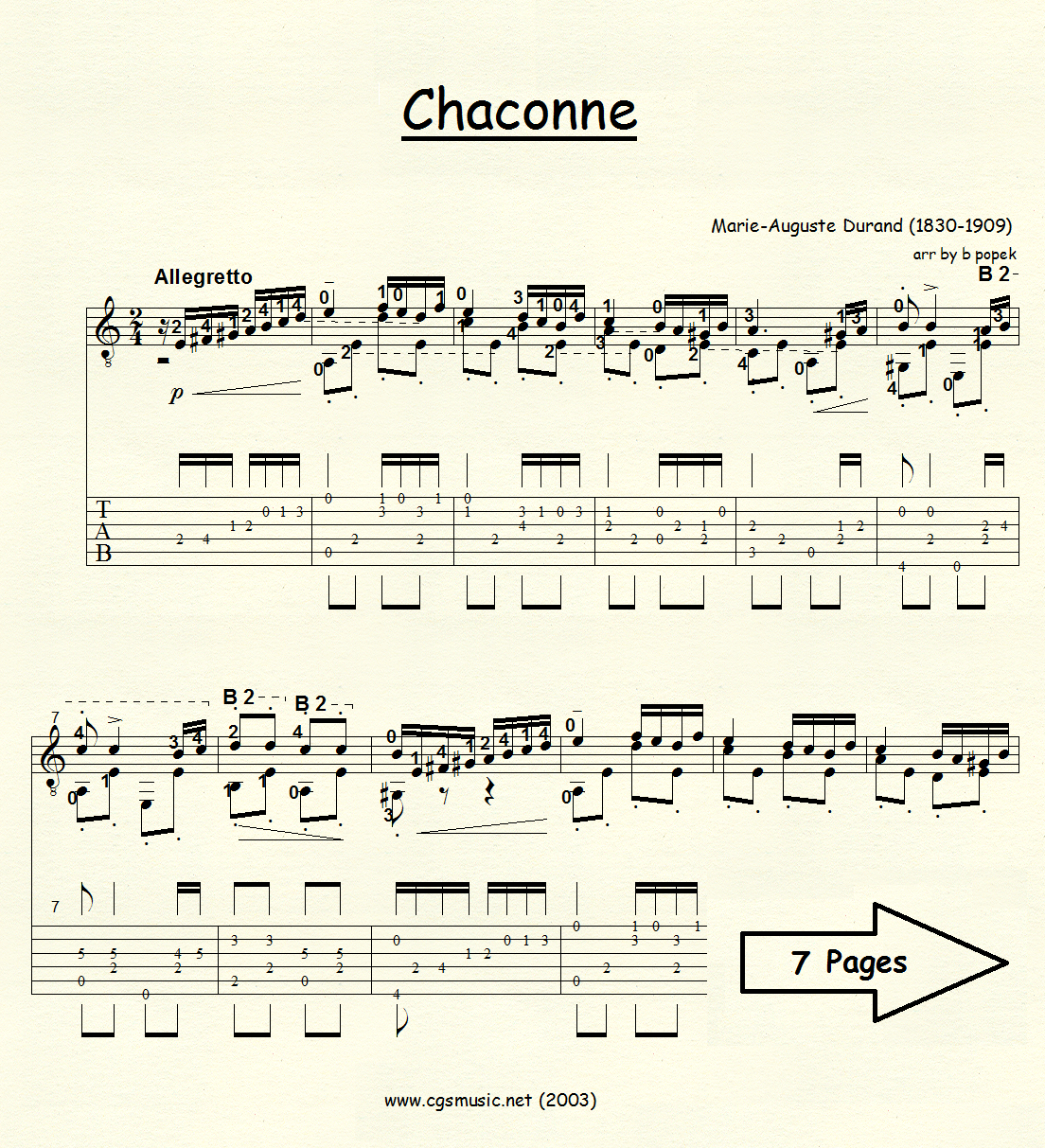 Chaconne (Durand) for Classical Guitar in Tablature