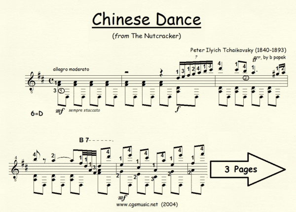 Chinese Dance Tchaikovsky from The Nutcracker Suite for Classical Guitar in Standard Notation