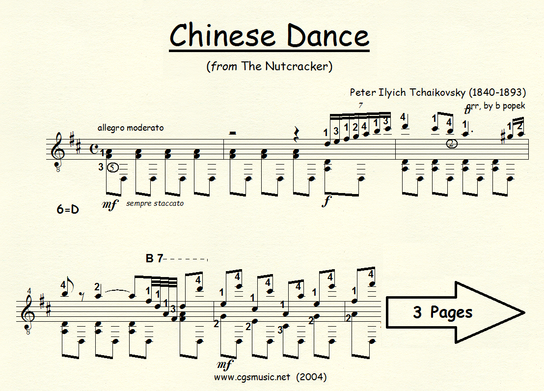 Chinese Dance (Tchaikovsky) from The Nutcracker Suite for Classical Guitar in Standard Notation