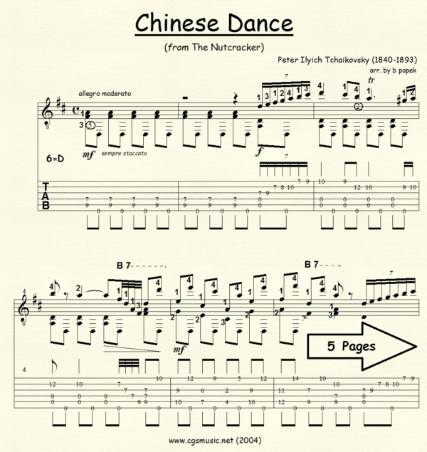 Chinese Dance Tchaikovsky from The Nutcracker Suite for Classical Guitar in Tablature