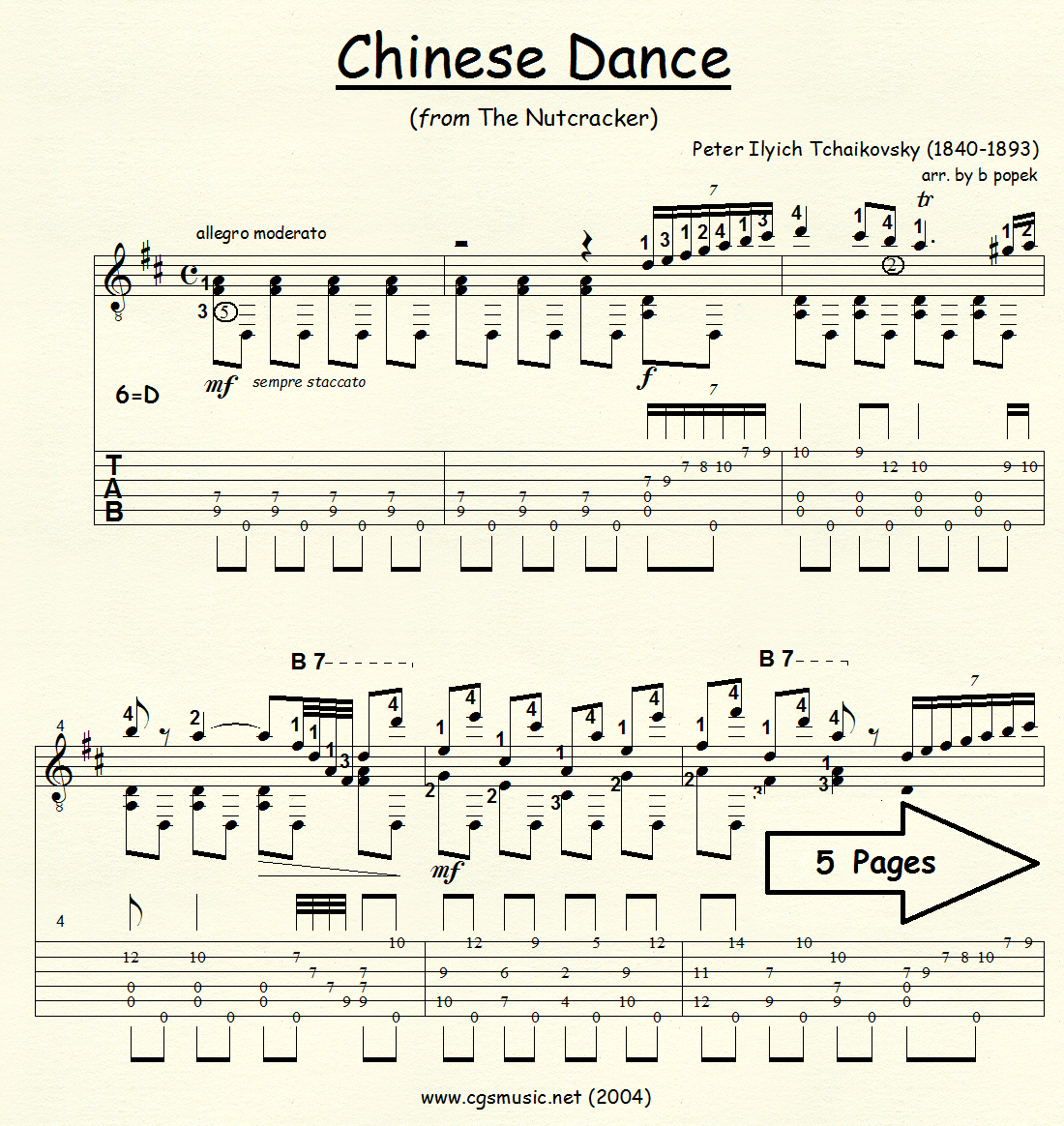 Chinese Dance (Tchaikovsky) from The Nutcracker Suite for Classical Guitar in Tablature
