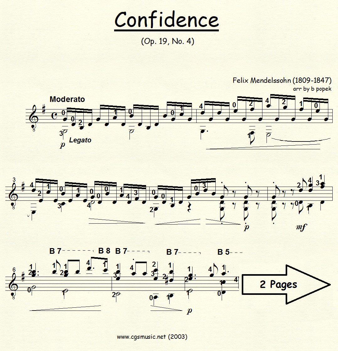 Confidence (Mendelssohn) for Classical Guitar in Standard Notation