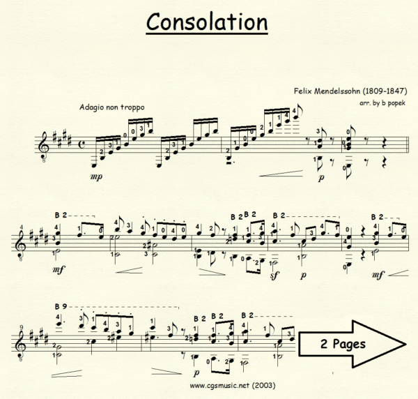 Consolation Mendelssohn for Classical Guitar in Standard Notation