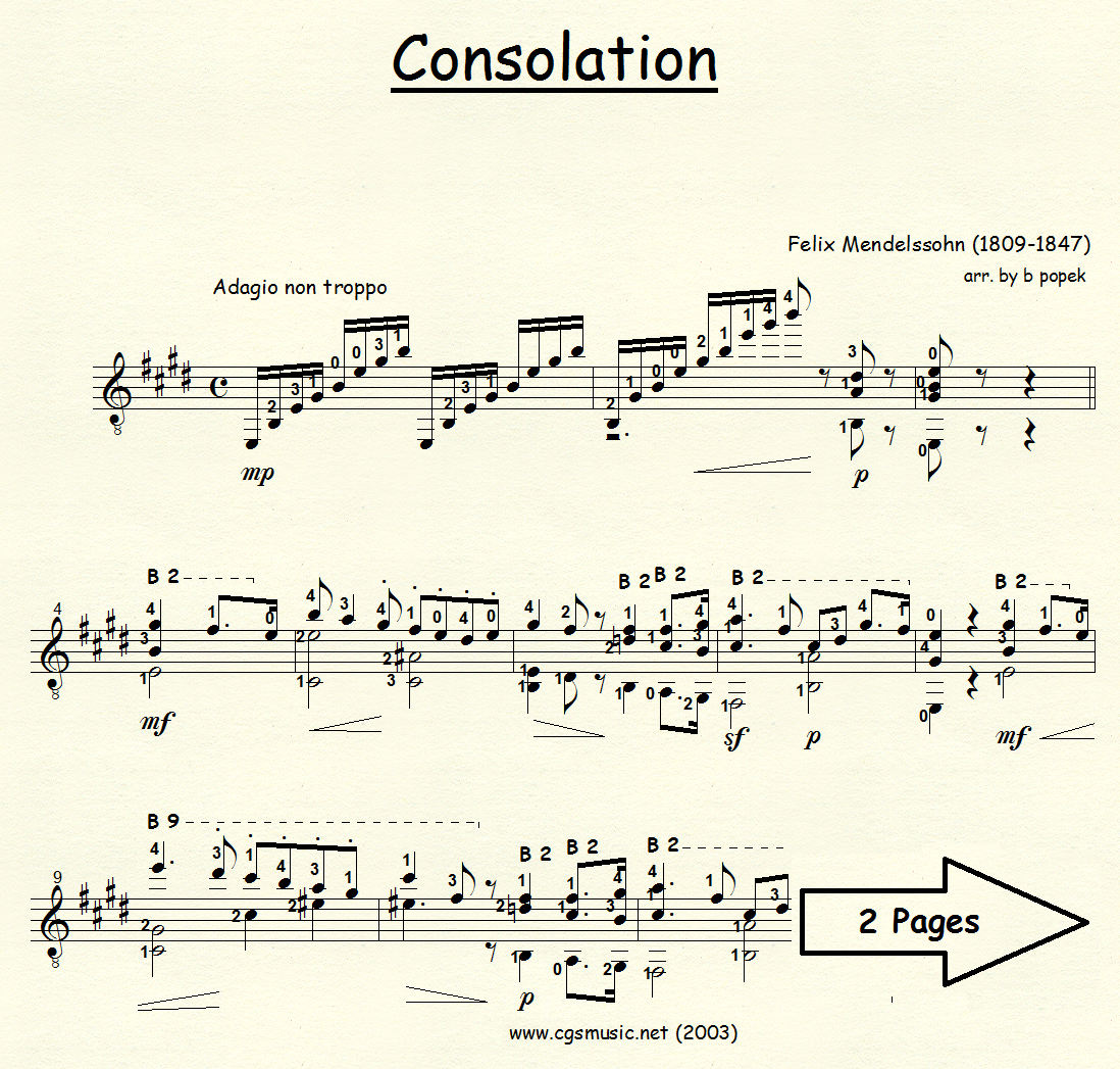 Consolation (Mendelssohn) for Classical Guitar in Standard Notation
