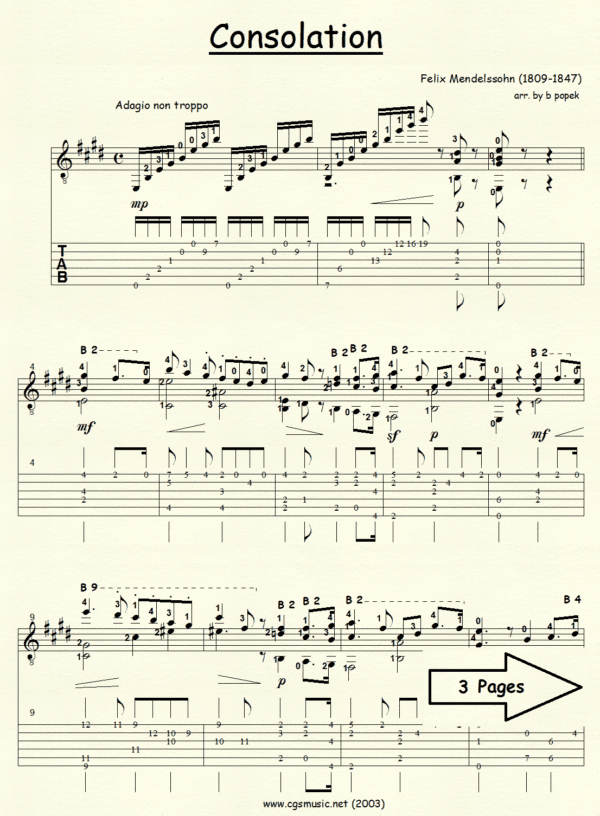 Consolation Mendelssohn for Classical Guitar in Tablature
