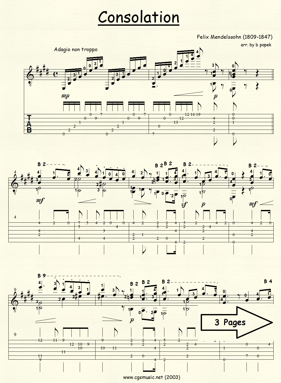 Consolation (Mendelssohn) for Classical Guitar in Tablature