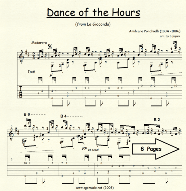 Dance of the Hours Ponchielli for Classical Guitar in Tablature