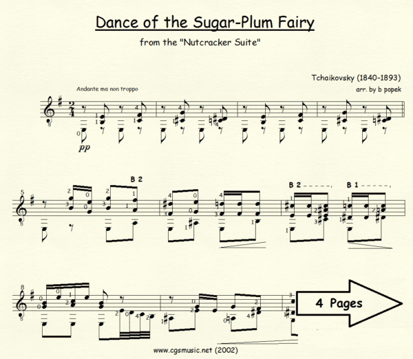 Dance of the Sugar Plum Fairy Tchaikovsky for Classical Guitar in Standard Notation