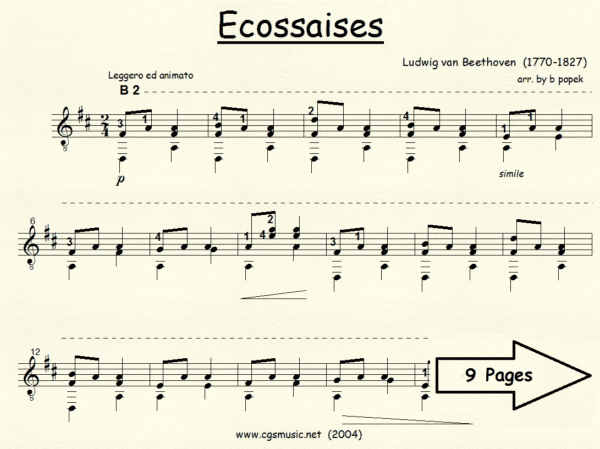 Ecossaises Beethoven for Classical Guitar in Standard Notation