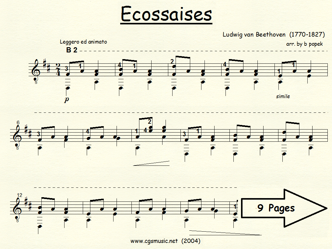 Ecossaises (Beethoven) for Classical Guitar in Standard Notation