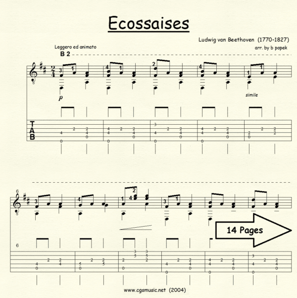 Ecossaises Beethoven for Classical Guitar in Tablature