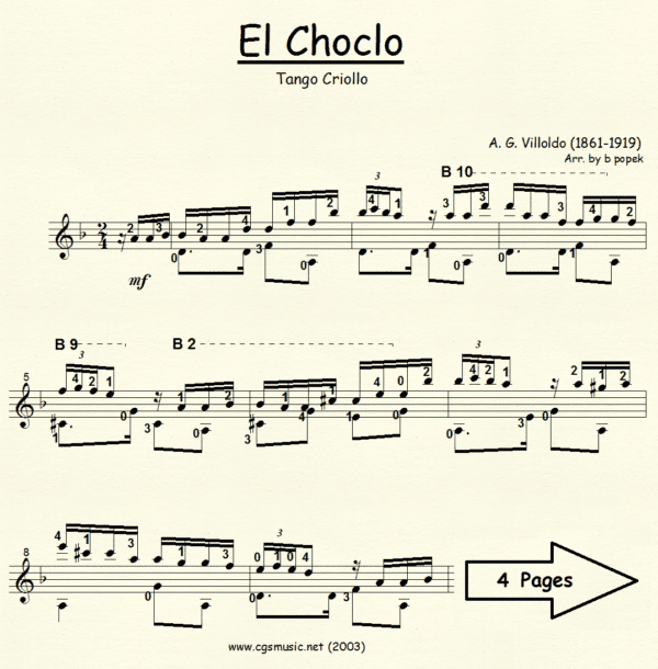 El Choclo Villoldo for Classical Guitar in Standard Notation