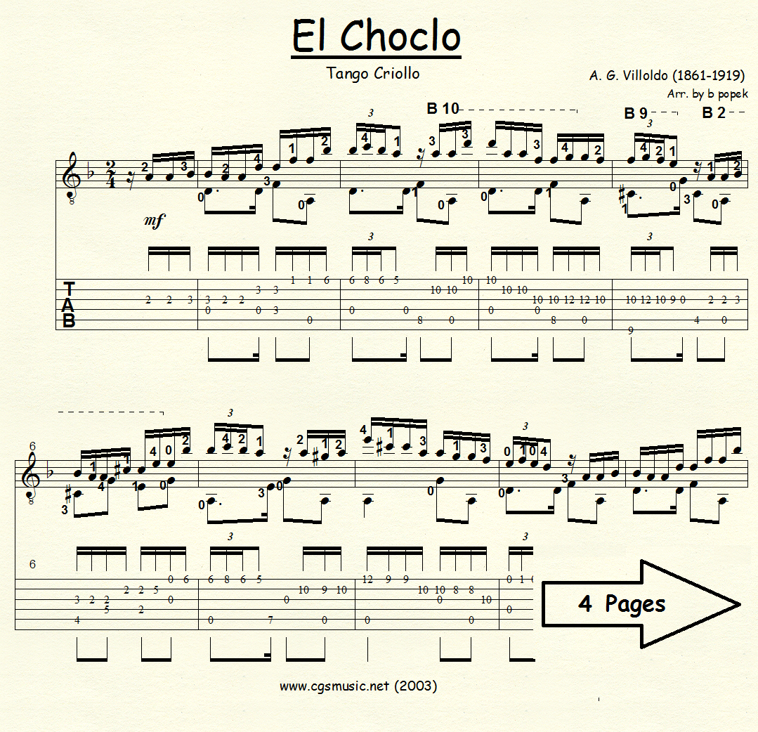 El Choclo (Villoldo) for Classical Guitar in Tablature