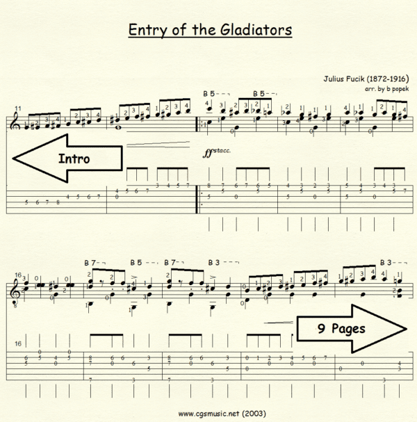 Entry of the Gladiators Fucik for Classical Guitar in Tablature
