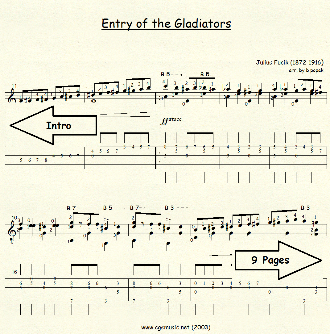Entry of the Gladiators (Fucik) for Classical Guitar in Tablature