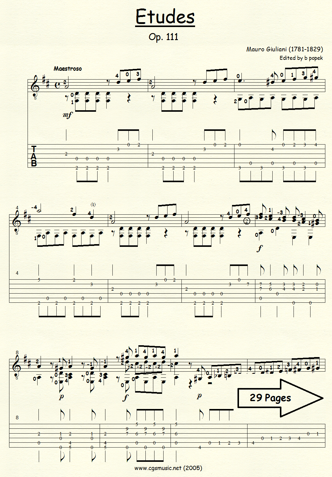 Etudes Op 111 (Giuliani) for Classical Guitar in Tablature