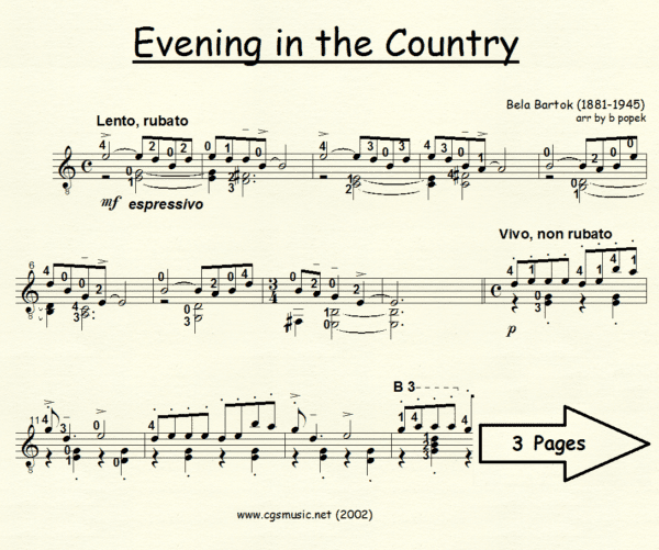Evening in the Country Bartok for Classical Guitar in Standard Notation