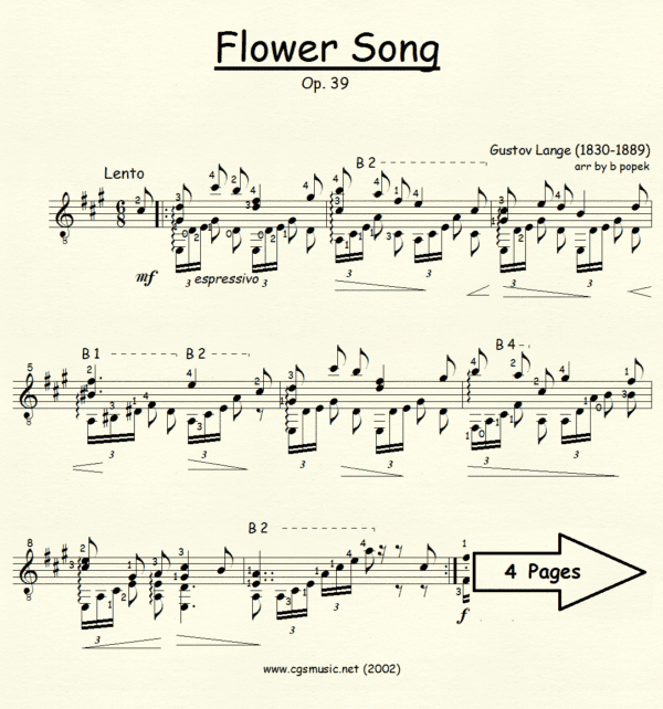 Flower Song Lange for Classical Guitar in Standard Notation
