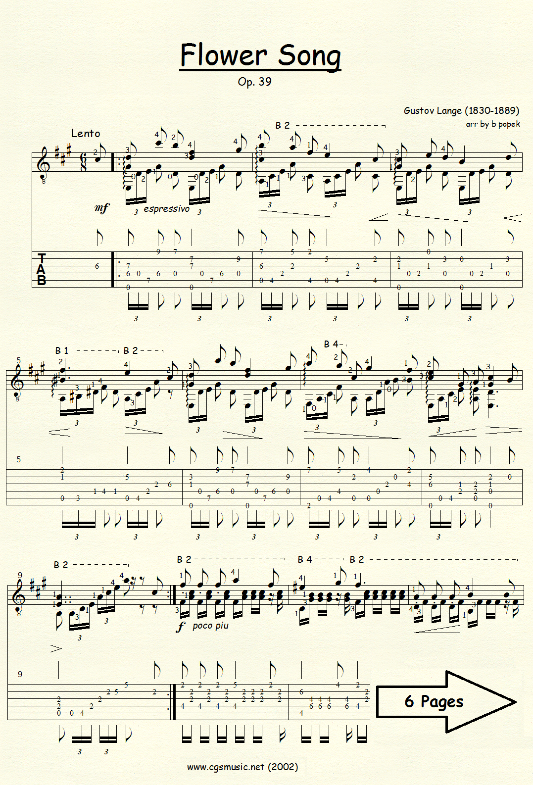 Flower Song (Lange) for Classical Guitar in Tablature