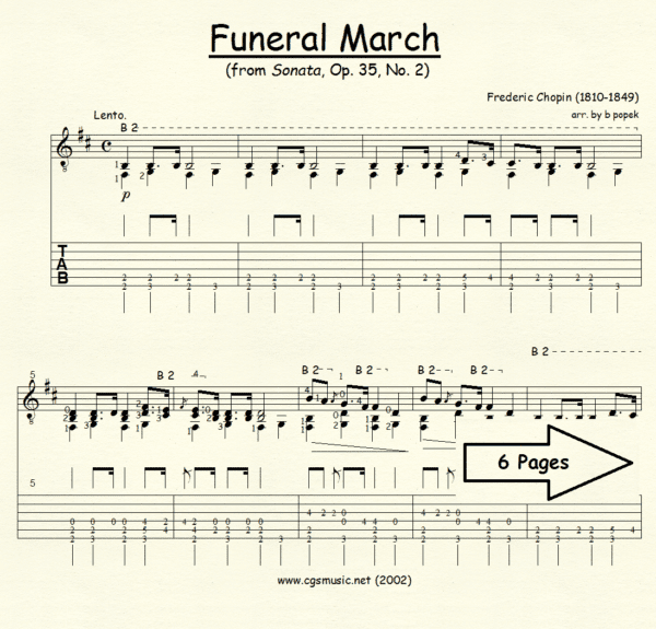 Funeral March from Sonata Op. 35 2 Chopin for Classical Guitar in Tablature