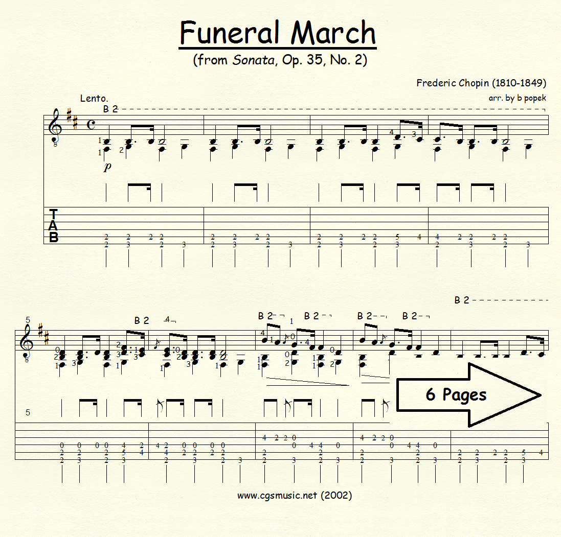Funeral March from Sonata Op. 35 #2 (Chopin) for Classical Guitar in Tablature
