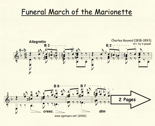 Funeral March of the Marionette Gounod for Classical Guitar in Standard Notation