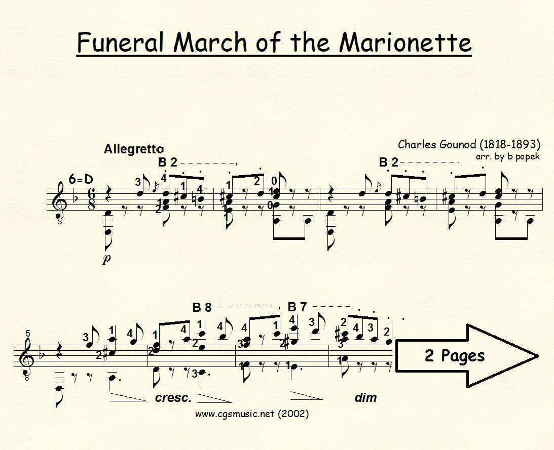 Funeral March of the Marionette (Gounod) for Classical Guitar in Standard Notation