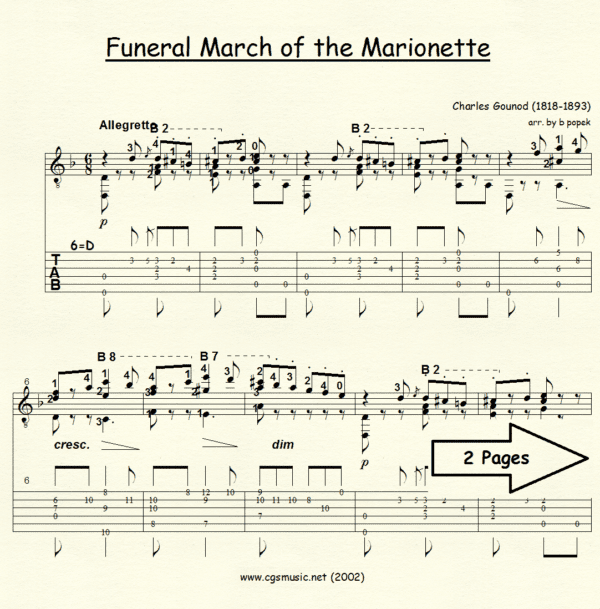 Funeral March of the Marionette Gounod for Classical Guitar in Tablature