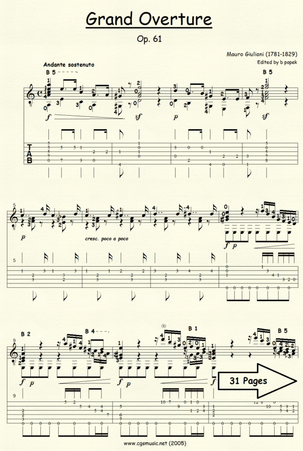 Grand Overture Op 61 Giuliani for Classical Guitar in Tablature
