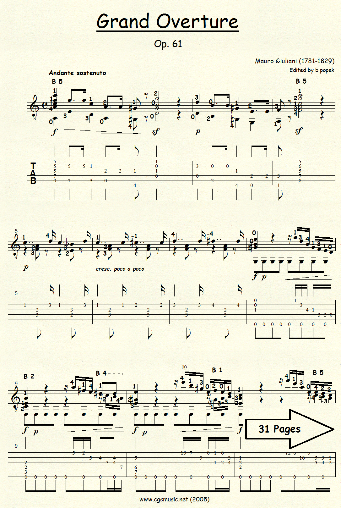 Grand Overture Op 61 (Giuliani) for Classical Guitar in Tablature