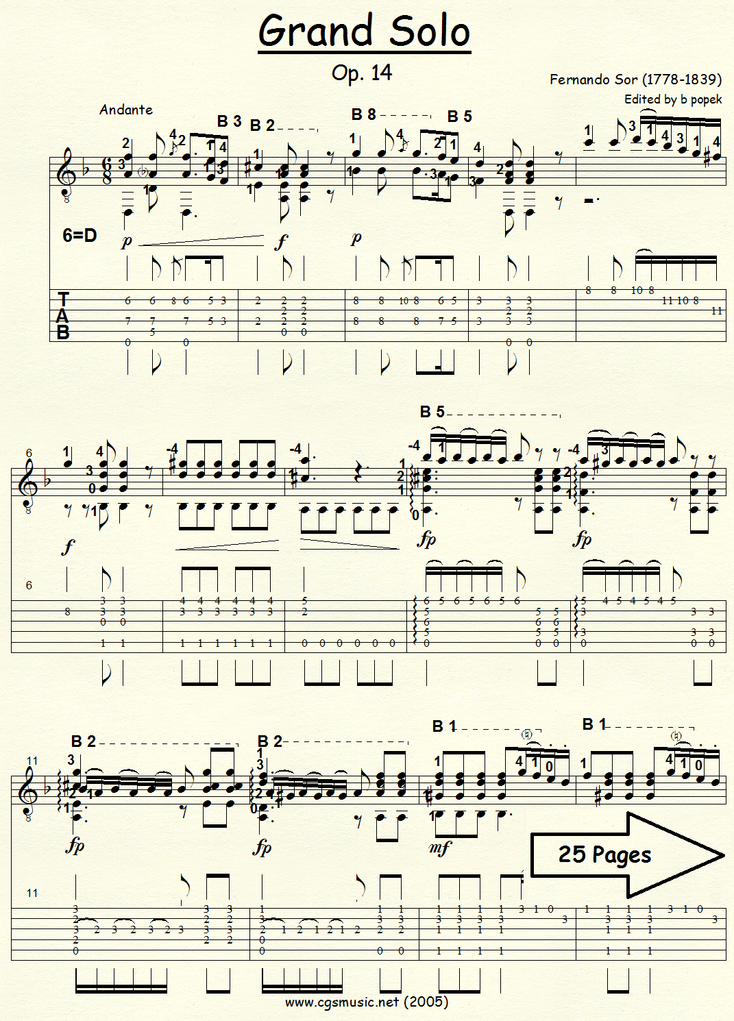 Grand Solo Op 14 (Sor) for Classical Guitar in Tablature