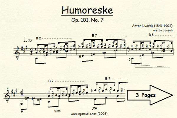 Humoreske Op.101 No. 7 Dvorak for Classical Guitar in Standard Notation
