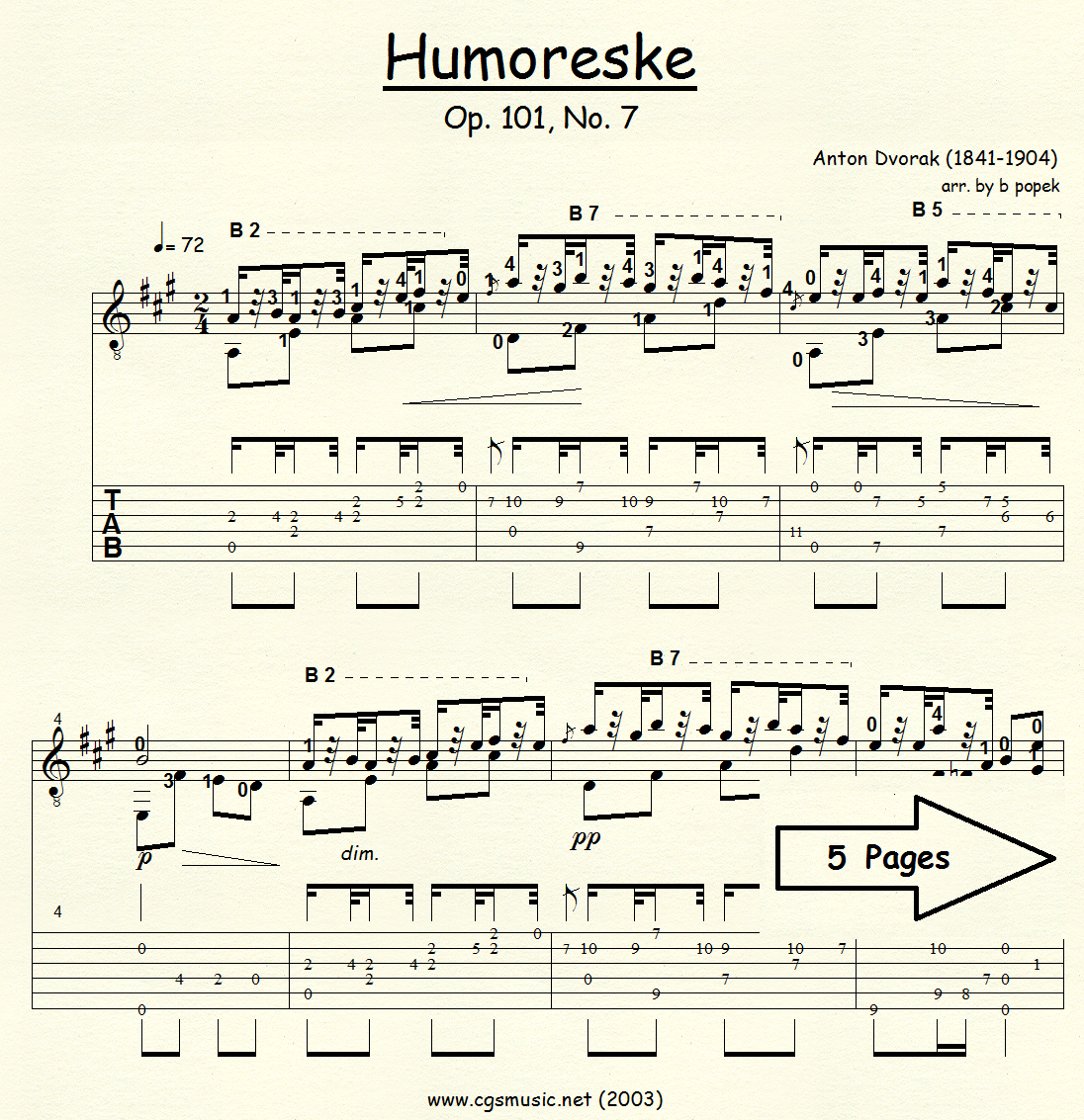 Humoreske Op.101, No. 7 (Dvorak) for Classical Guitar in Tablature