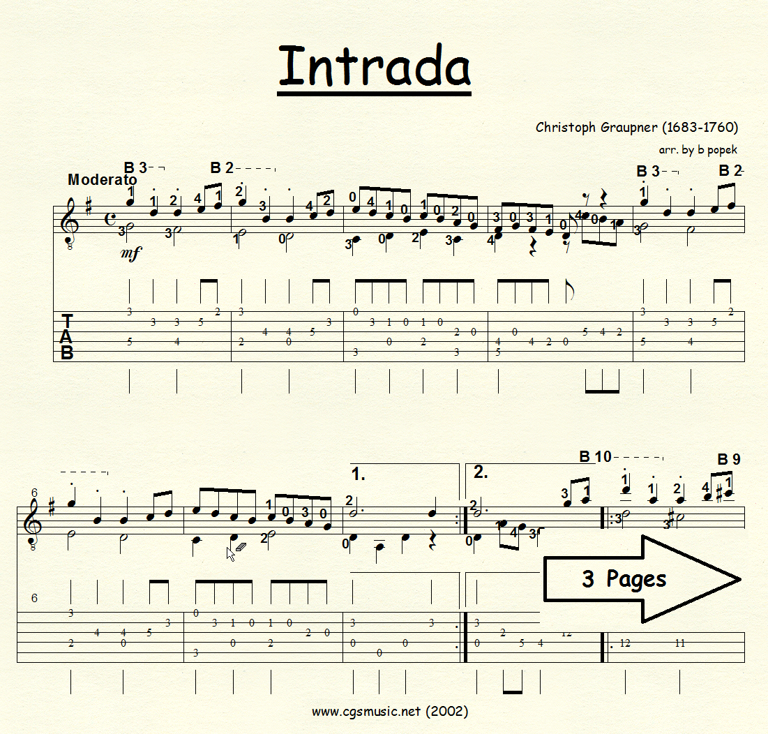 Intrada (Graupner) for Classical Guitar in Tablature