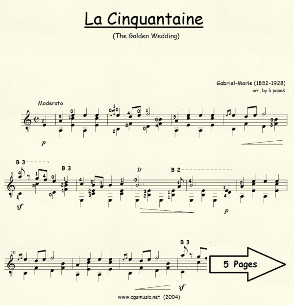 La Cinquantaine The Golden Wedding Gabriel Marie for Classical Guitar in Standard Notation