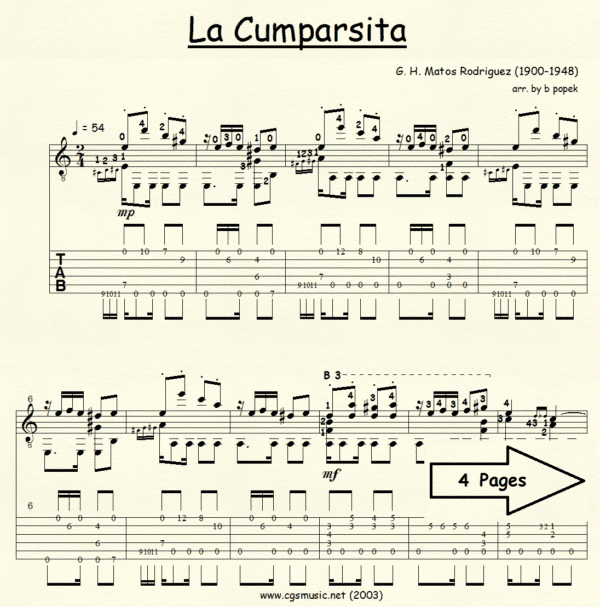 La Cumparsita Rodriguez for Classical Guitar in Tablature