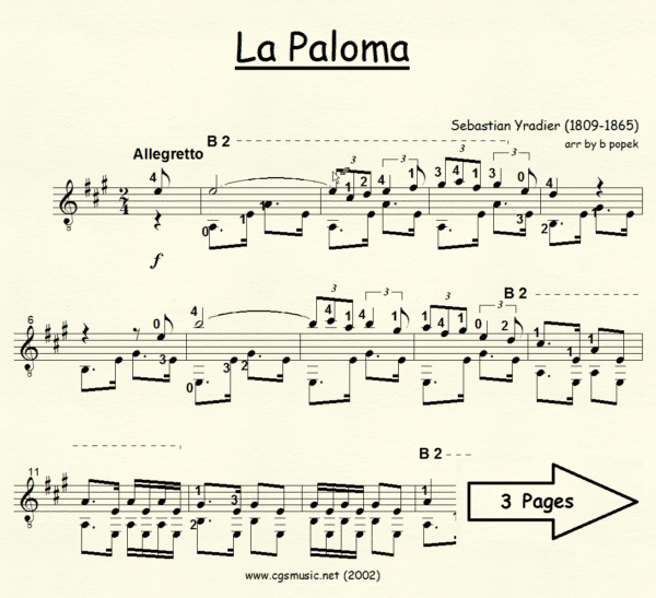 La Paloma Yradier for Classical Guitar in Standard Notation