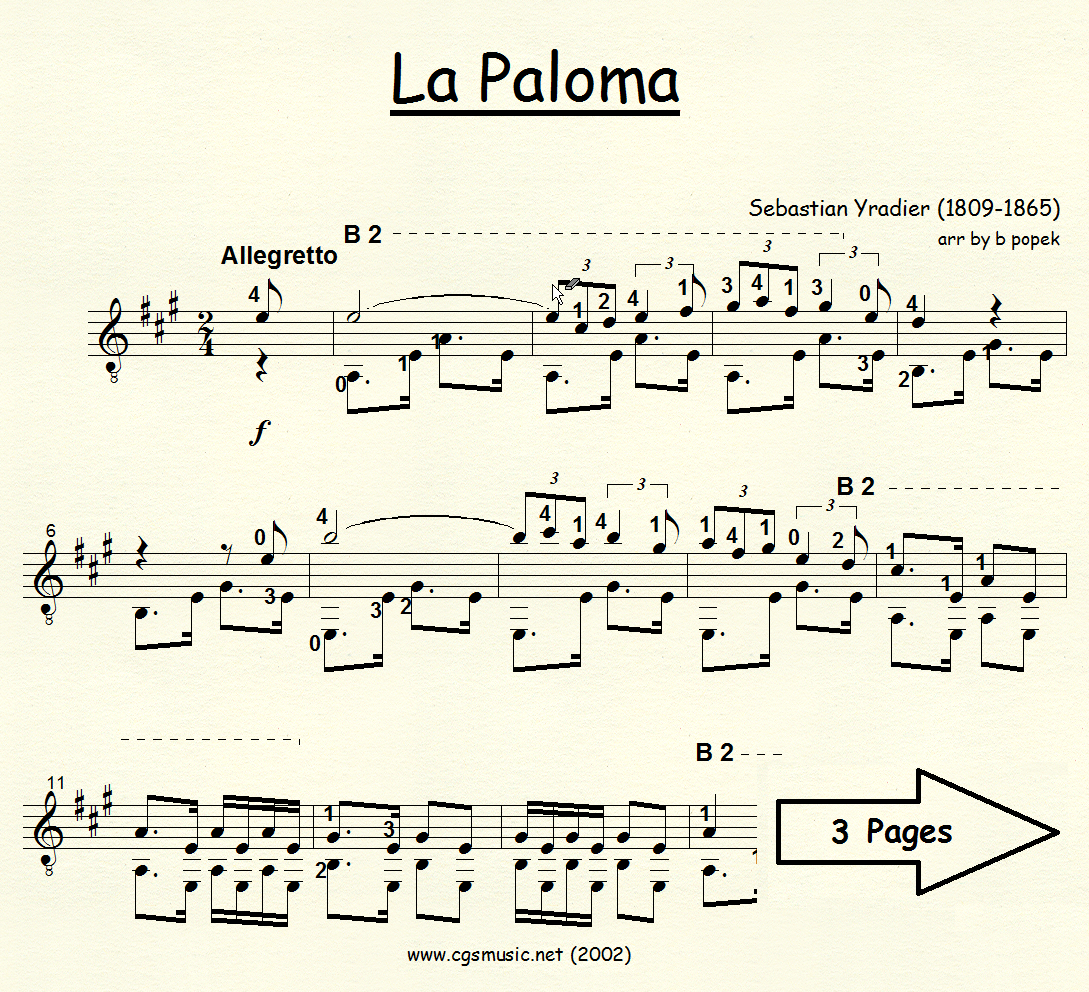 La Paloma (Yradier) for Classical Guitar in Standard Notation