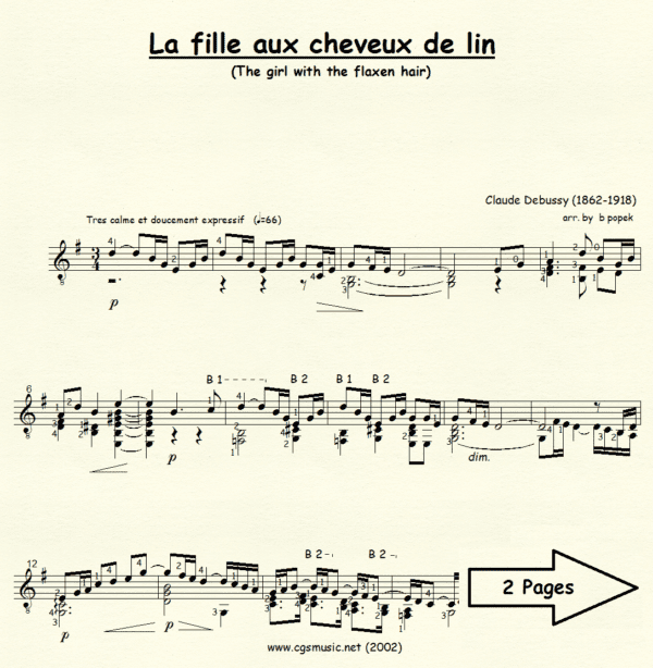 La fille aux cheveux de lin Debussy for Classical Guitar in Standard Notation